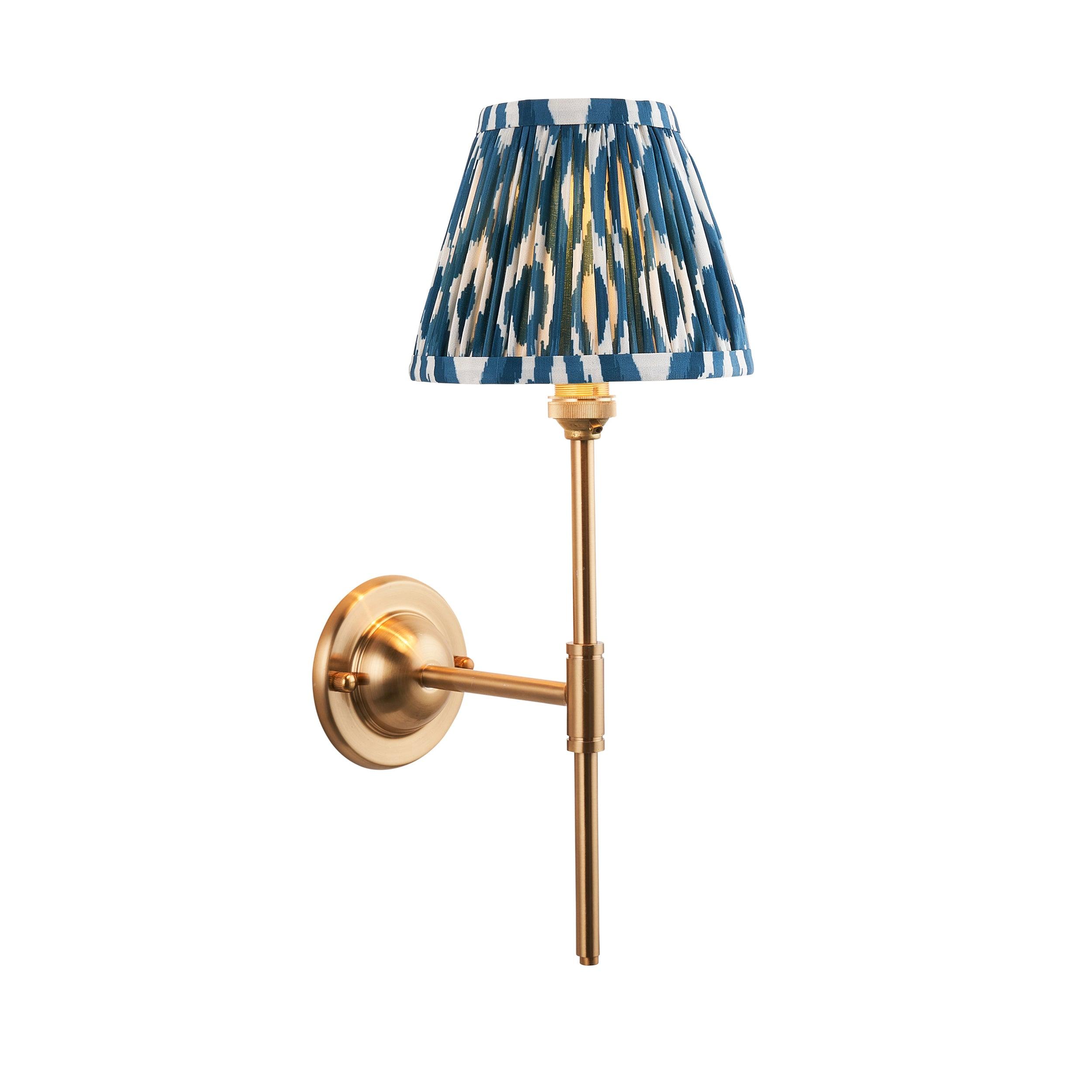 Brass Dome T Bar Wall Light with Ikat 16cm Marlin Blue Shade - Vintage Industrial Ceiling Fixture for Bedroom, Living Room & Restaurant Decor