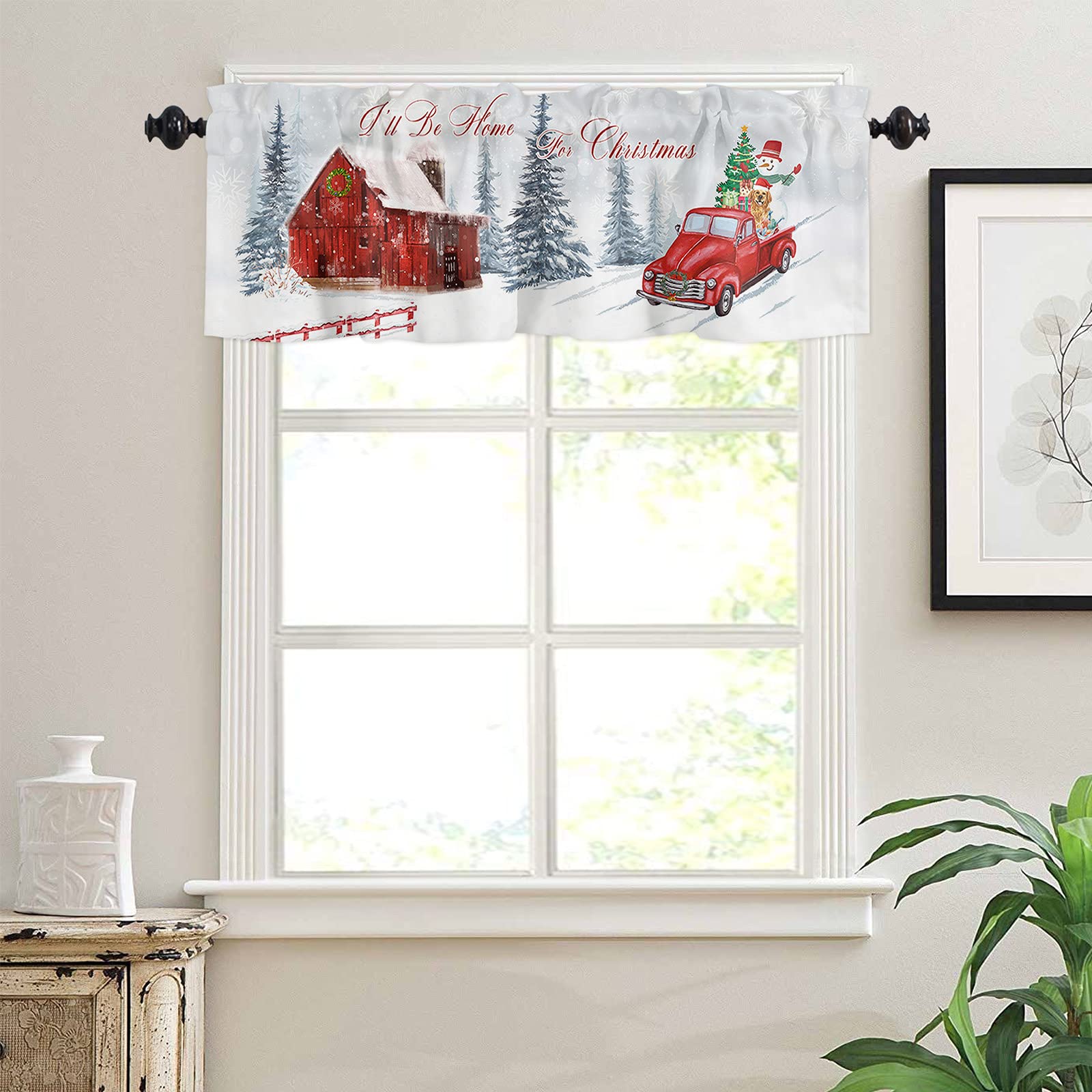 Christmas Snowman & Tree Window Valances - Red Barn in Snowy 54x18 Inch Rod Pocket Kitchen Curtain Toppers for Home & Truck Decor | Holiday Drapes for Living Room, Bedroom & RV Windows