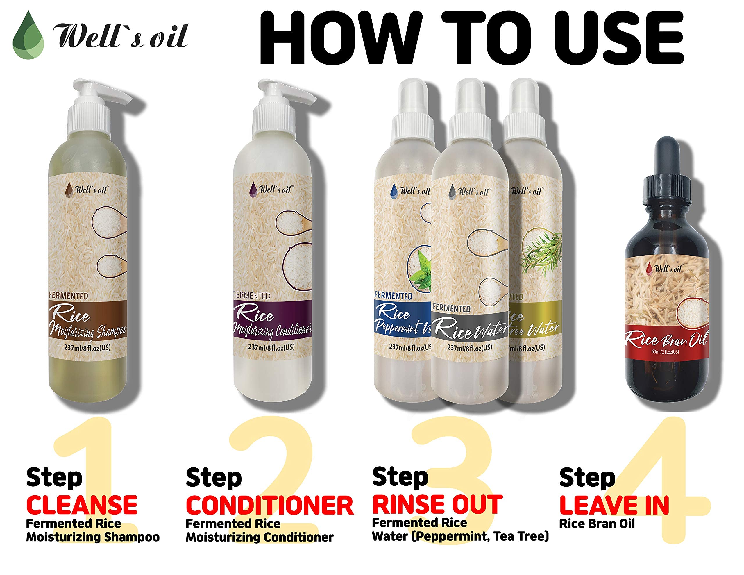 Well's Oil Fermented Rice Water Hair Spray with Peppermint Oil (8 Fl Oz) - Leave-in Conditioner for Soft Shiny Hair | Promotes Hair Growth, Reduces Split Ends & Strengthens Hair | Perfect for Daily Hydration & Scalp Care at Home or Salon