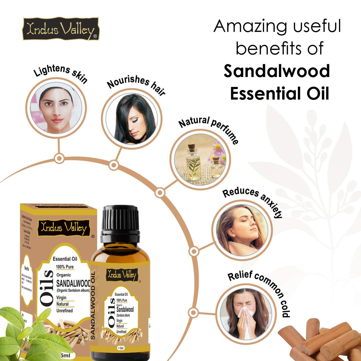 Pure Natural Organic Sandalwood Essential Oil for Skin & Hair Care - 100% Undiluted Chandan Oil - 5ml - Aromatherapy, Massage & Relaxation