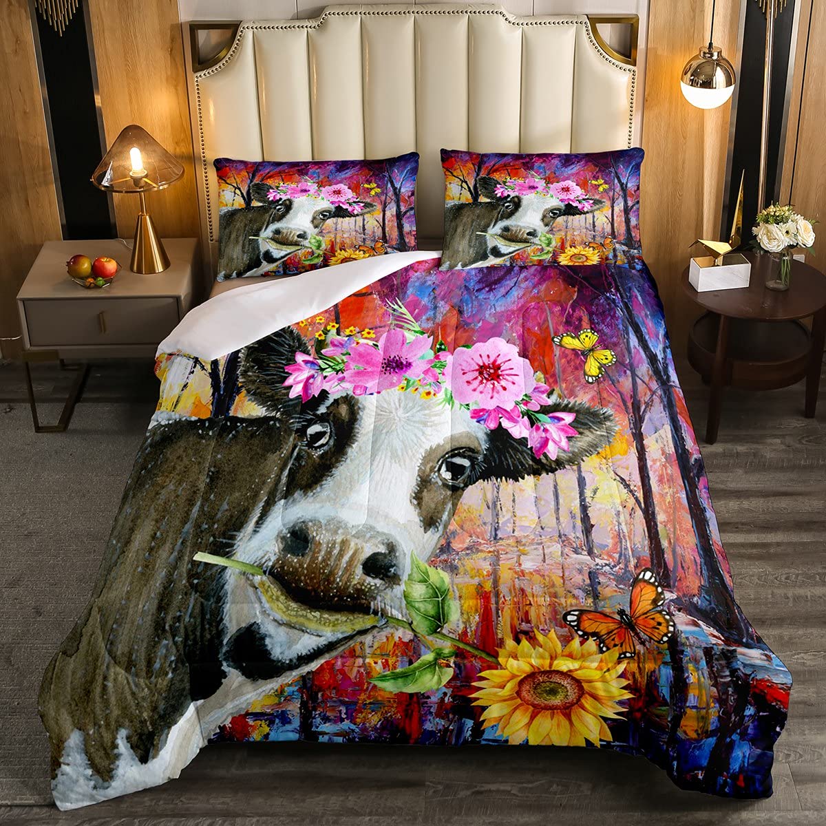 Erosebridal Sunflower Cherry Blossom Farm Animal Duvet Set - Twin Size Rustic Oil Painting Style Comforter for Kids, Girls & Teens | Perfect for Farmhouse, Cottagecore & Boho Bedroom Decor
