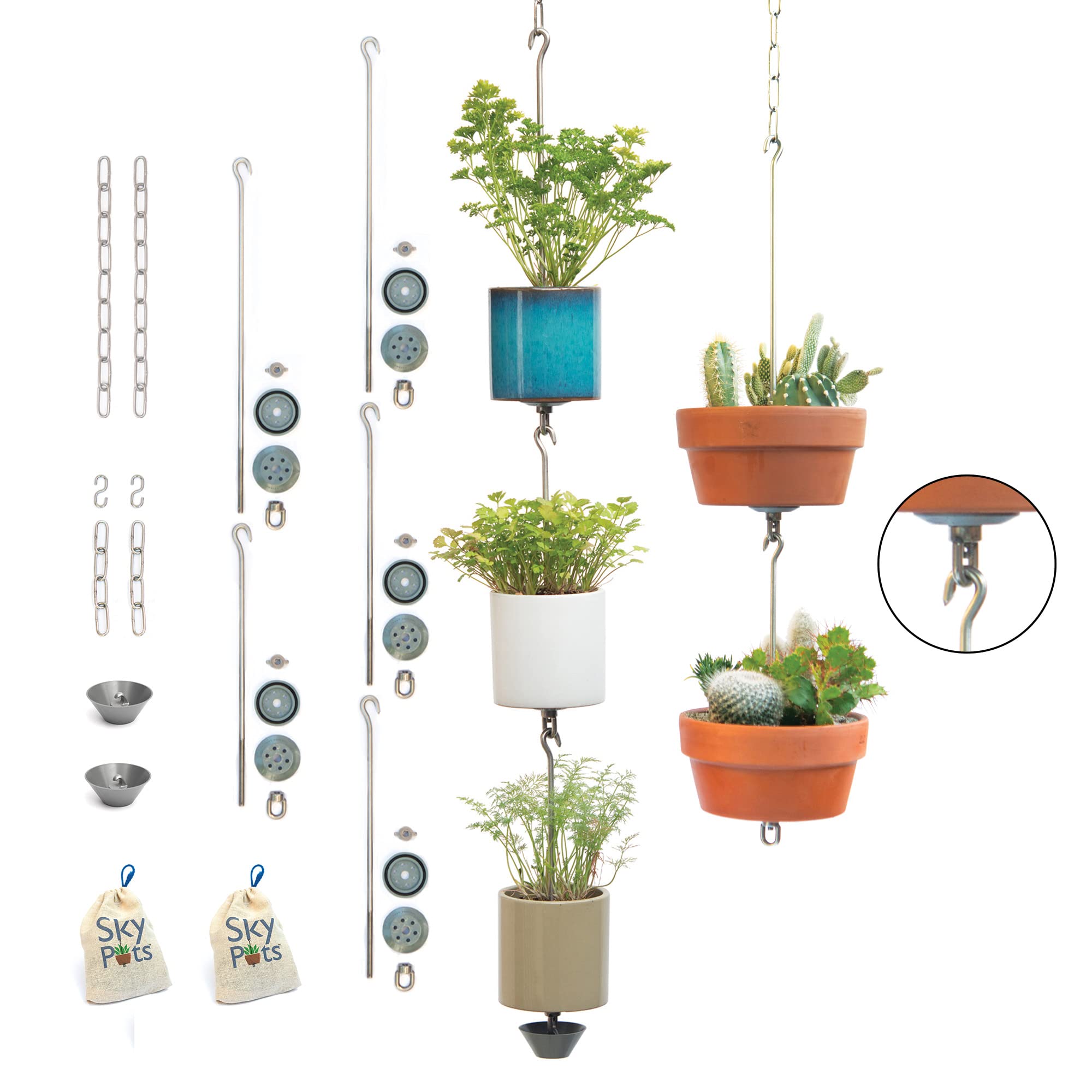 5-Piece Stainless Steel Pot Hanger Kit with Accessories - Connectable Hanging Planter System for Vertical Gardens - Indoor/Outdoor Use with Drainage Holes - Perfect for Balconies, Patios & Small Space Gardening