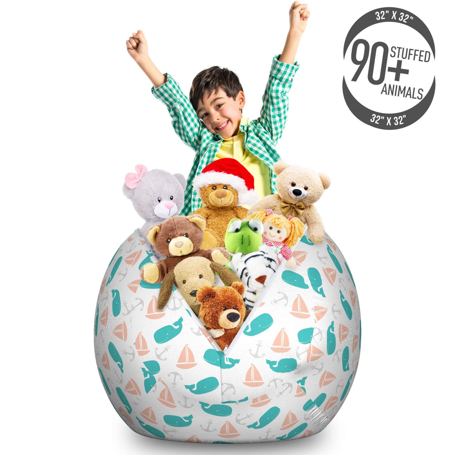 Ambesonne Nautical Storage Toy Bag Chair - Marine Themed Sailboat Anchor Whale Design - Large Washable Stuffed Animal Organizer - Turquoise & Peach - Perfect for Kids' Room, Playroom & Nursery Organization
