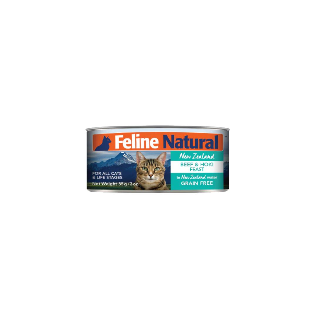 Feline Natural Grain-Free Cat Canned Food - Beef & Hoki Feast - 85g Wet Cat Food for Adult & Senior Cats - High Protein, Healthy Meal for Indoor & Outdoor Cats