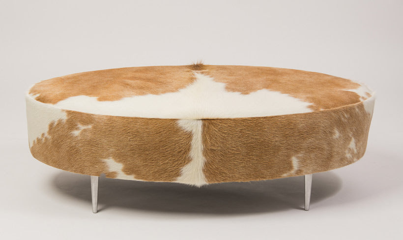 Premium Cowhide Ottoman with Metal Legs - Oval Beige & White Leather Footstool (47