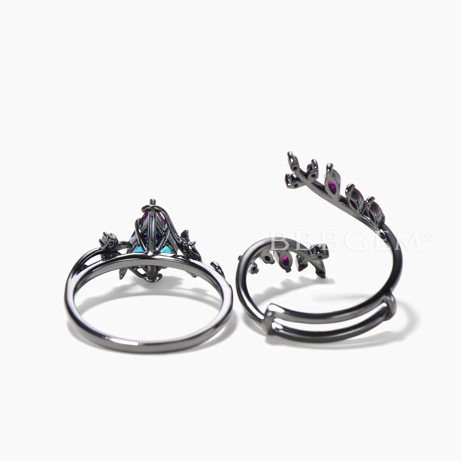 Color Changing Alexandrite & Ruby Twig Band Ring Set | Kite Cut Gemstone Bridal Enhancer | Perfect for Engagement, Wedding & Anniversary Gifts