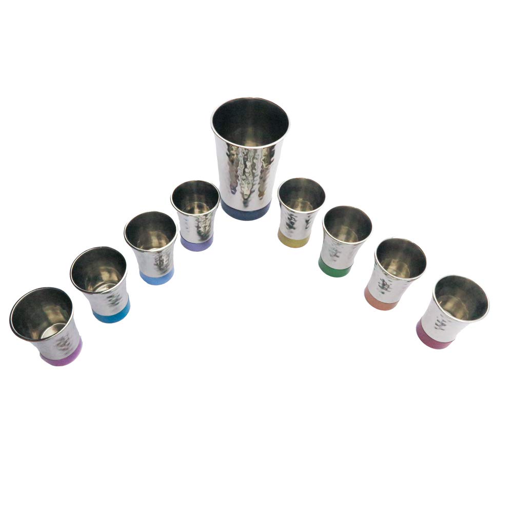 Elegant Hammered Kiddush Fountain Set - 8 Sharing Cups & 1 Main Cup, Colorful Anodized Aluminum Rings, Perfect Judaica Gift for Shabbat & Jewish Holidays
