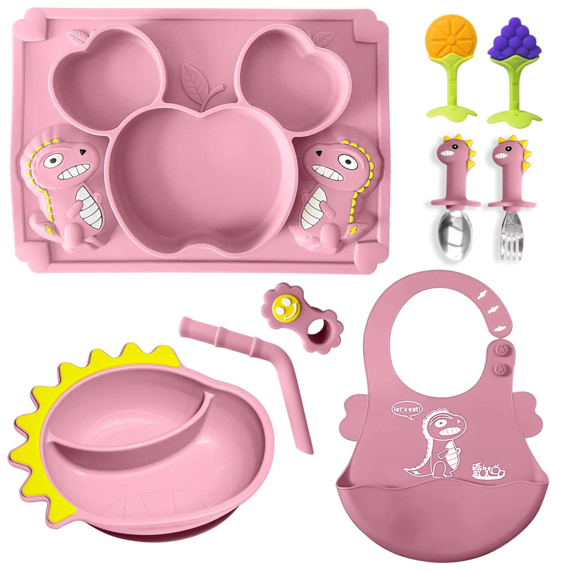 Dinosaur Silicone Baby Feeding Set - Toddler Utensils, Baby Spoon & Fork, Waterproof Bib, Bowl & Suction Plate for Self-Feeding | Baby-Led Weaning Essentials | Perfect for Home, Travel & Daycare Use (Princess Pink)