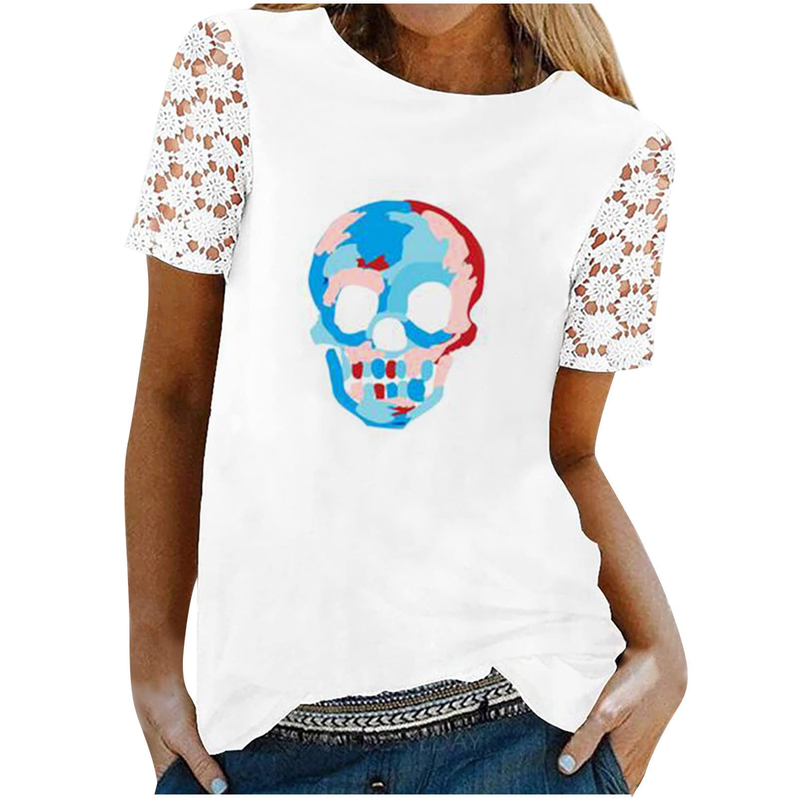 **Women's Halloween Skeleton Lace Short Sleeve Sexy Blouse - Elegant Flowy Tunic Pullover Top for Party, Cosplay & Gothic Fashion**