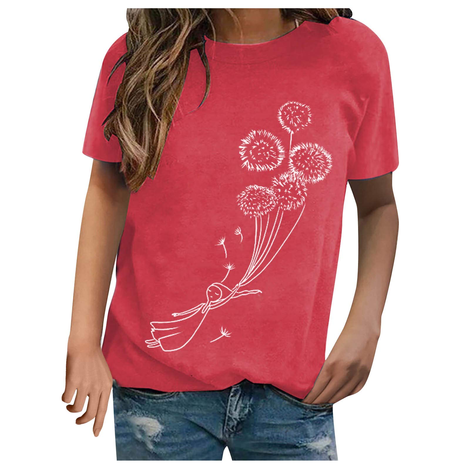 Women's Dandelion Print T-Shirt - Crew Neck Casual Basic Top for Summer | Workout & Everyday Wear | Soft Cotton Tee for Women