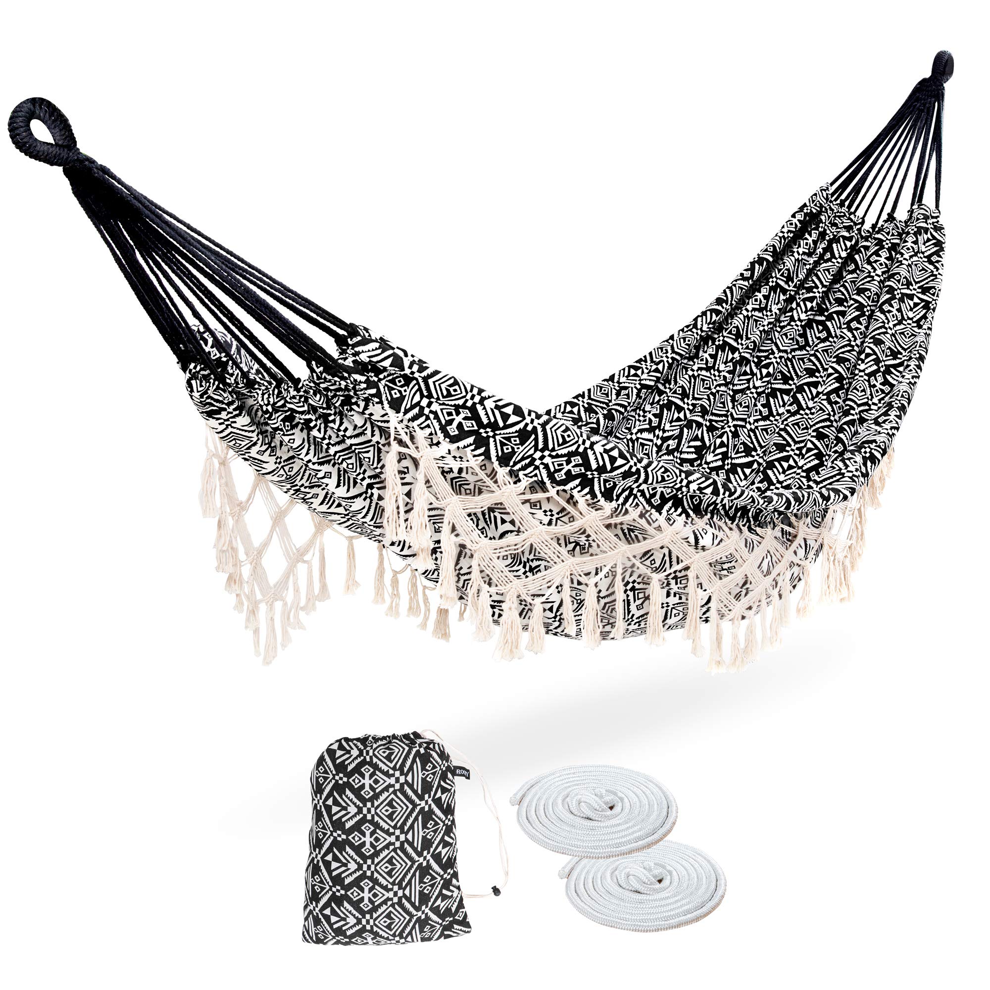 ROOITY XX-Large 2-Person Brazilian Cotton Hammock with Tassel - Portable Tree Hammock with Carry Bag for Indoor & Outdoor Use (450Lbs Capacity) - Perfect for Bedroom, Garden, Backyard, Patio, Camping and Relaxation - Black/White Woven Fabric
