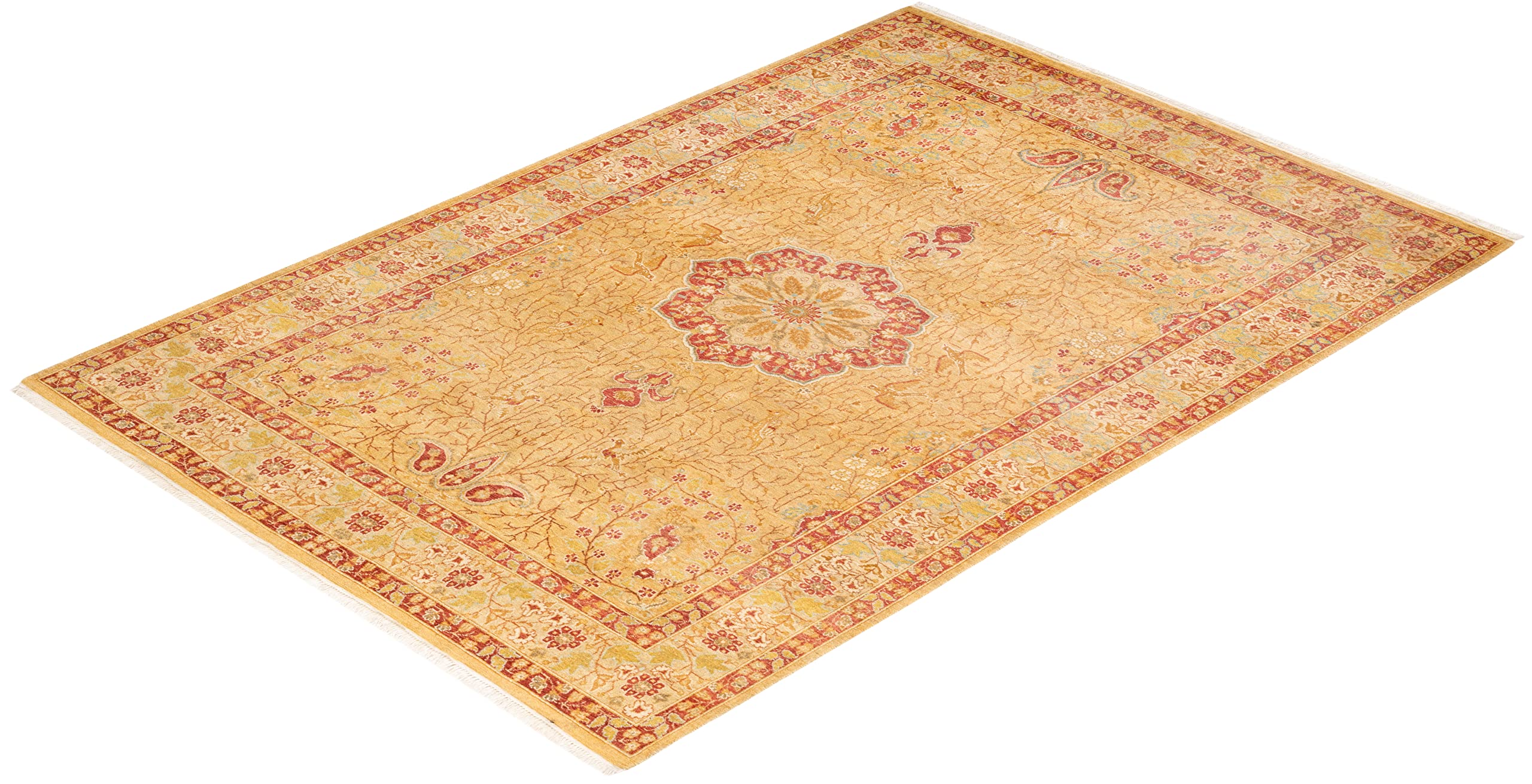 Handmade Wool Oriental Mogul Yellow 4x6 Area Rug - Traditional Hand-Knotted Solo Rugs for Living Room, Bedroom & Dining Room Decor