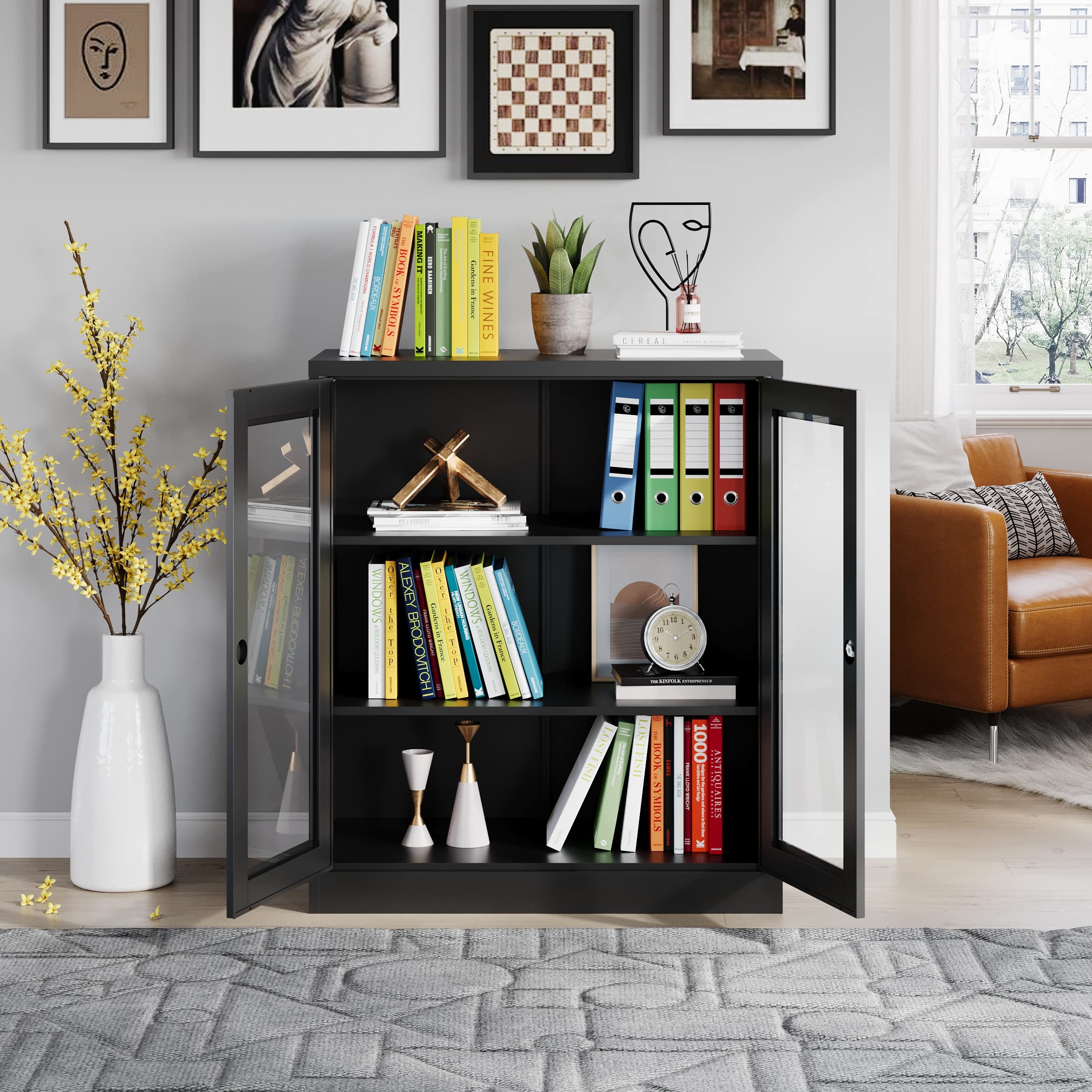 MIIIKO Metal Storage Cabinet with Glass Doors - Counter Height Display Cabinet with 2 Adjustable Shelves, Tempered Glass & Locking Mechanism - Perfect for Kitchen, Office, or Retail Store Display