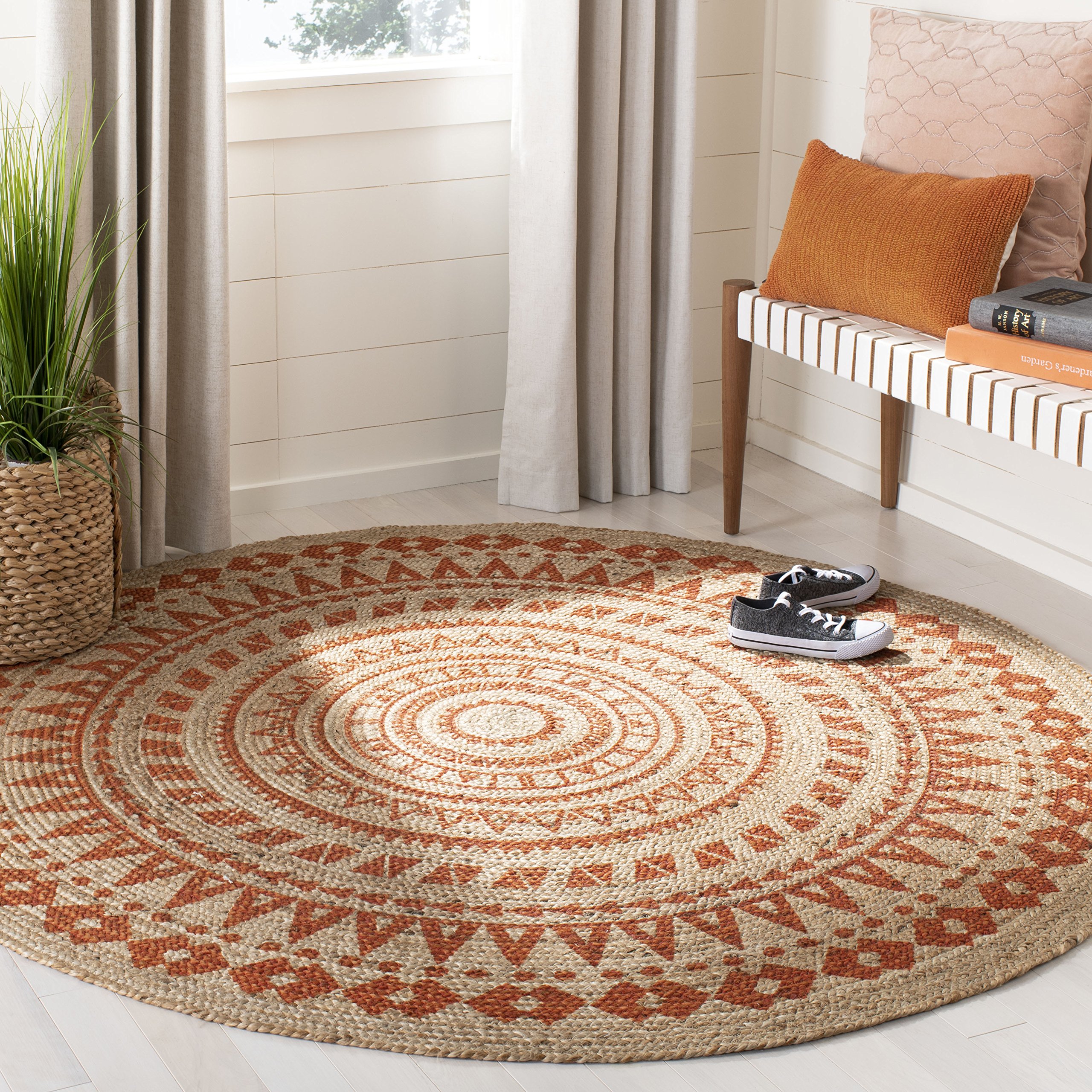 SAFAVIEH Handmade Boho Jute Area Rug 6' Round - Natural Fiber Braided Mandala Design in Orange (NF802B) - Perfect for Living Room, Bedroom, or Boho Home Decor