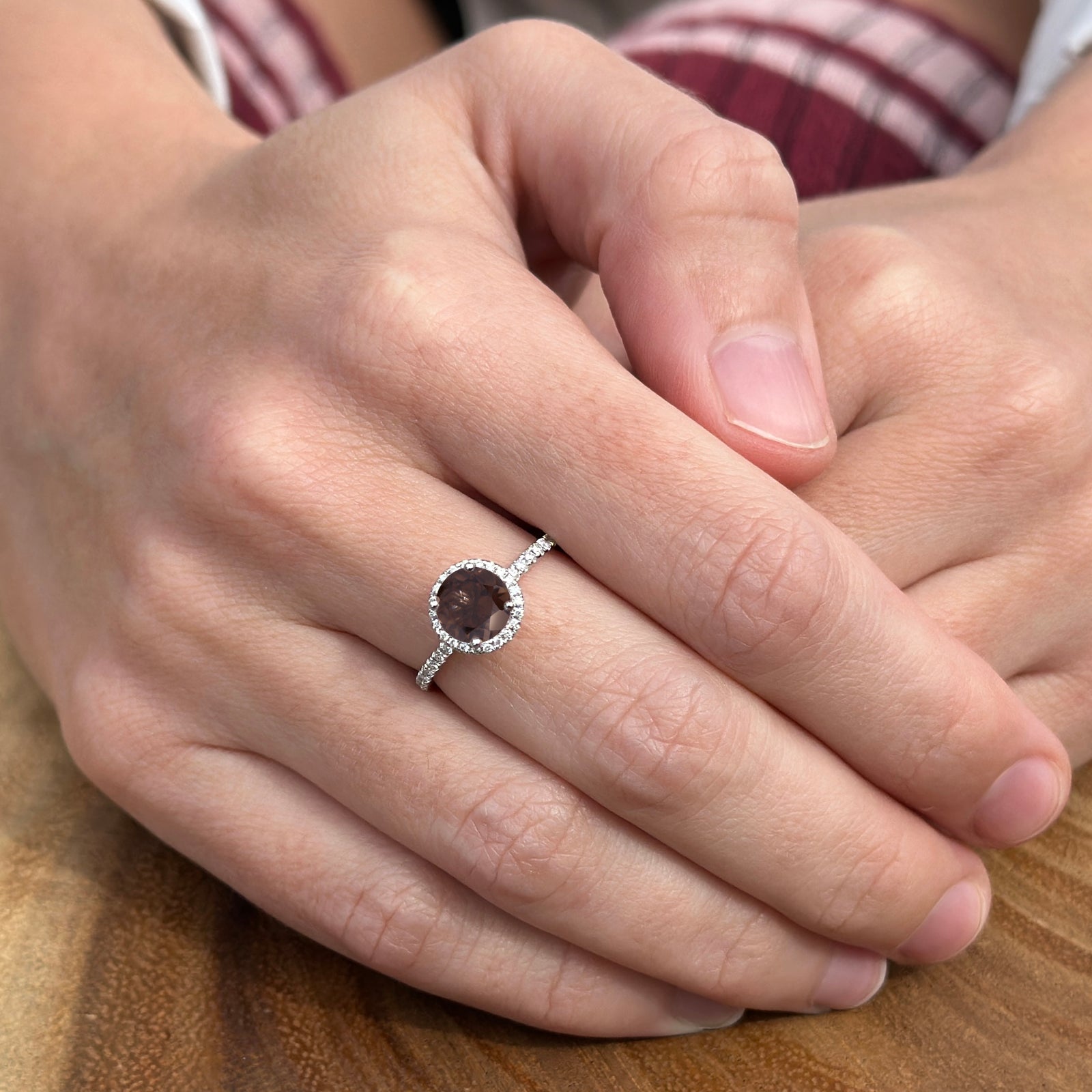 14K White Gold Round Halo Natural Chocolate Smoky Quartz Diamond Ring for Women - Elegant Engagement, Wedding, Anniversary Jewelry Gift