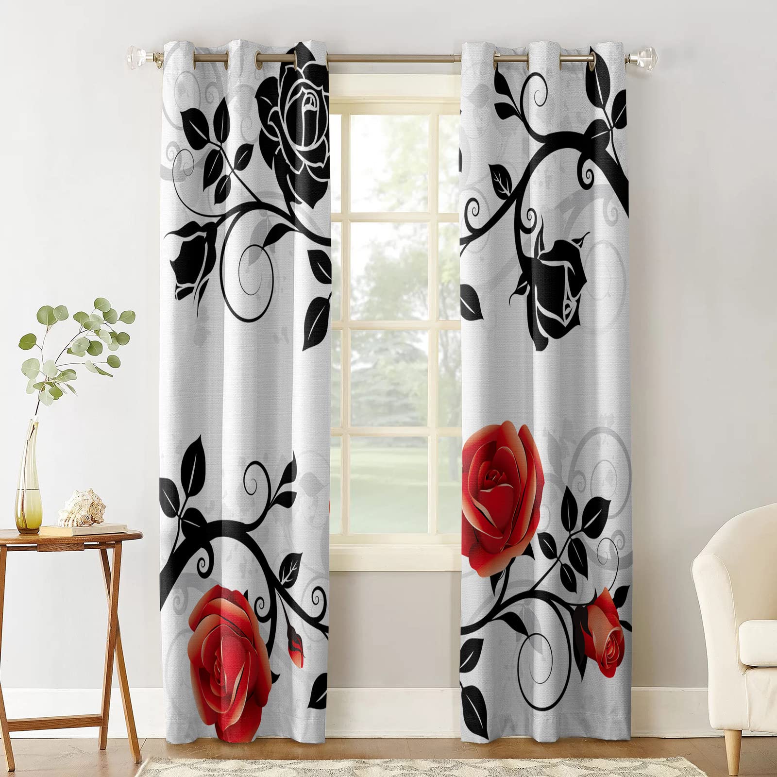 Blackout Curtains for Bedroom - 3D Printed Abstract Red Black Rose Design, Thermal Insulated Polyester Window Drapes for Living Room & Kitchen, 2 Panels (52