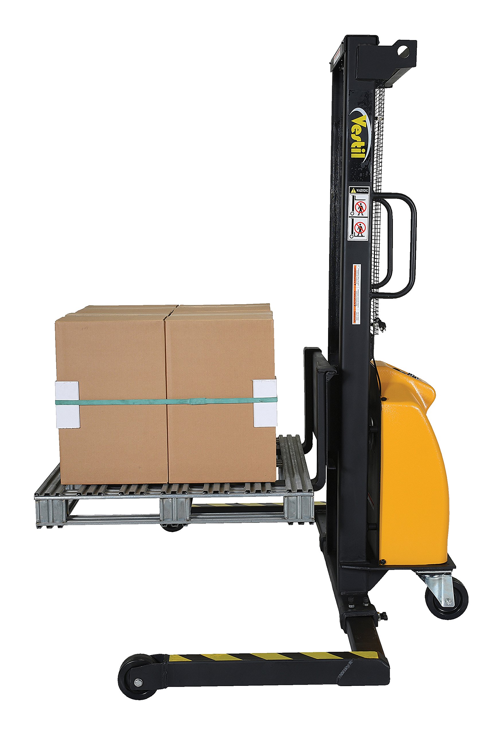 Vestil VWS-770-AA-DC Adjustable DC Winch Stacker - Heavy Duty Yellow & Black Electric Hoist for Warehouse, Factory, and Loading Dock Material Handling
