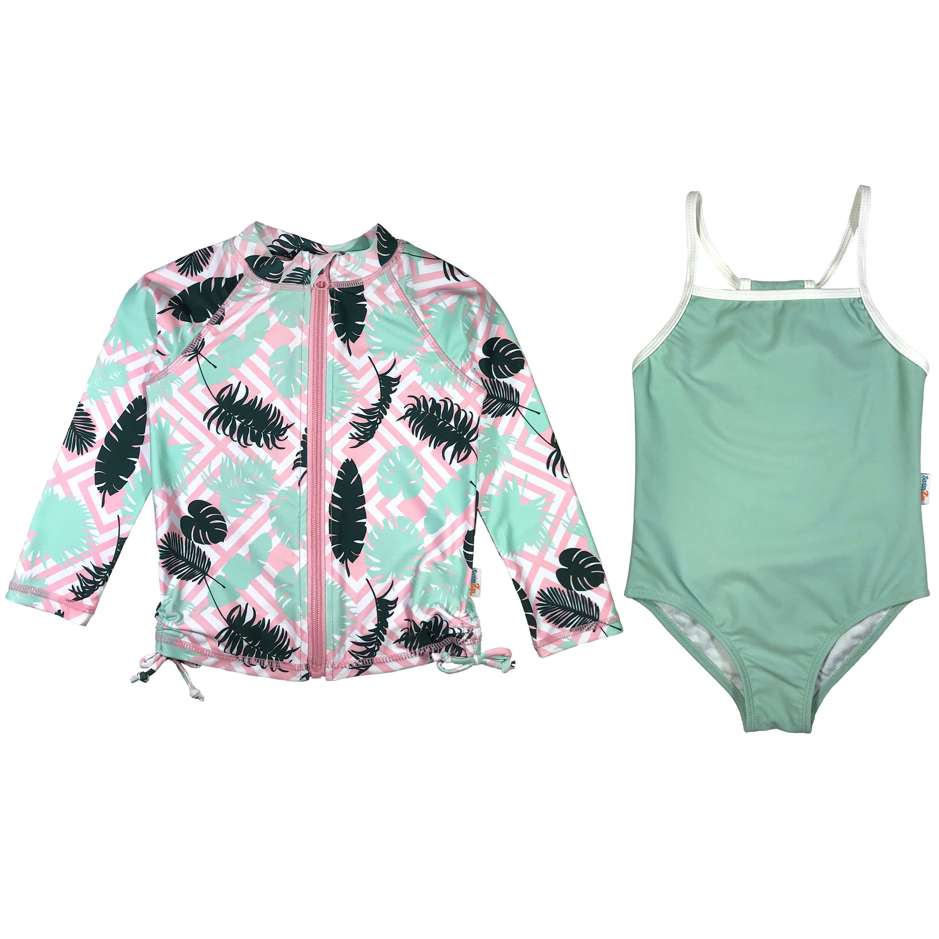 Girls' 2-Piece Swimsuit Set with Long Sleeve Rash Guard - UPF 50+ Sun Protection | Palm Breeze Print | Beach, Pool & Water Park Outfit for Toddler & Kids