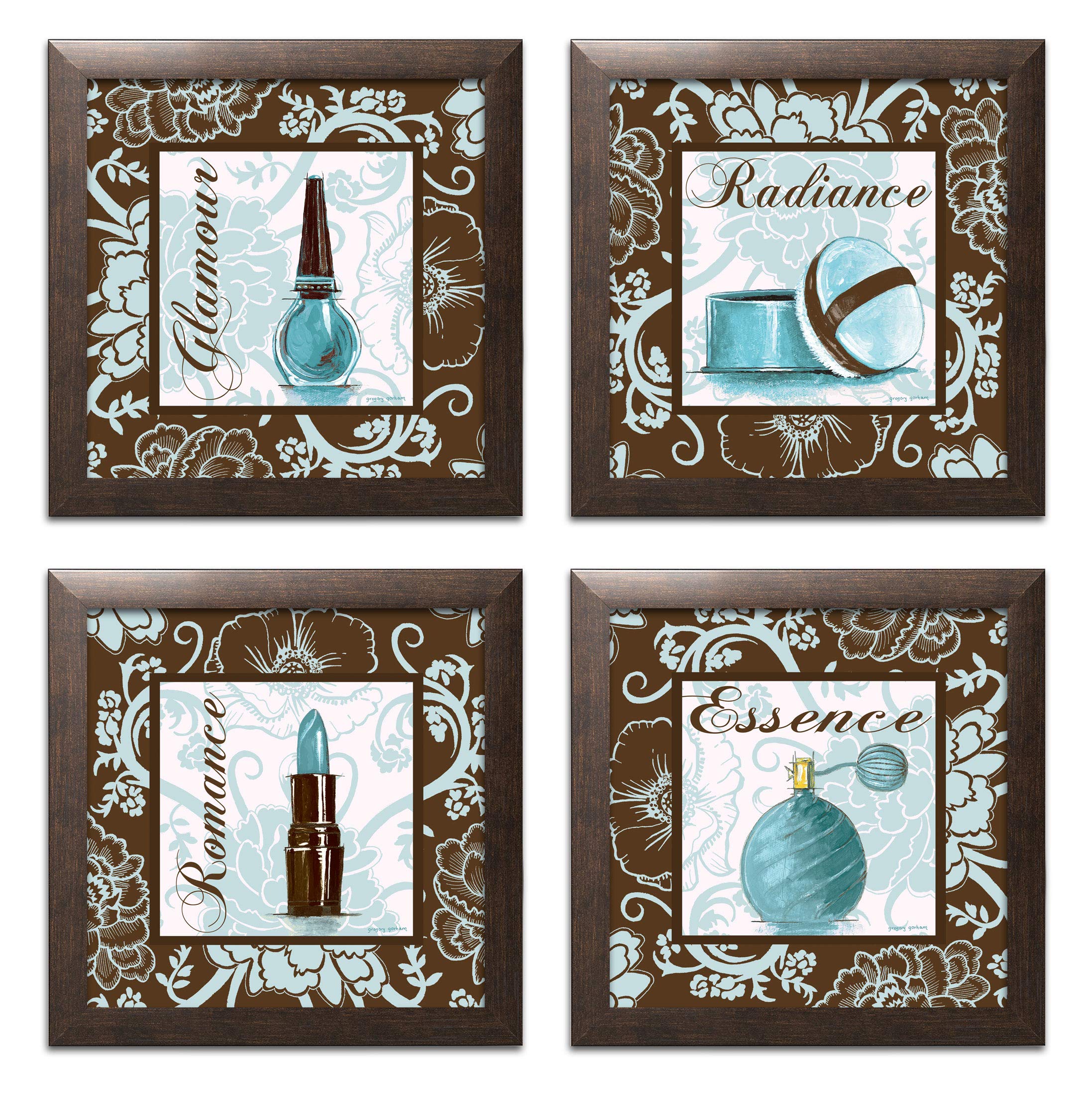 Gregory Gorham Pink Romance Makeup Art Print Set - 4 Framed 12x12 Inch Wall Decor for Bedroom, Living Room & Office | Ready to Hang Brown & Teal Home Decor