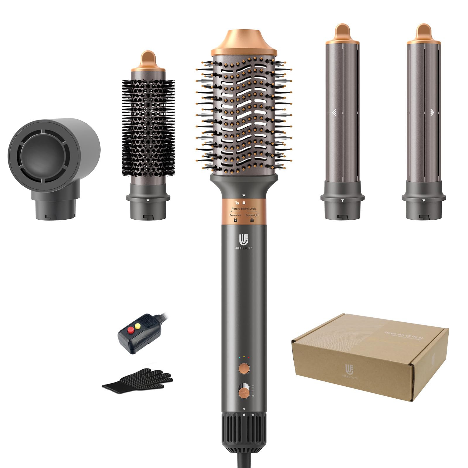 Webeauty 5-in-1 Professional Hair Dryer Brush - Ionic Hot Air Styling Tool with Fast Drying, Volumizing & Straightening | 2-in-1 Blow Dryer & Curling Iron for Salon-Quality Styling at Home (Grey Gold) - Perfect for Daily Hair Care, Travel & Salon Styling