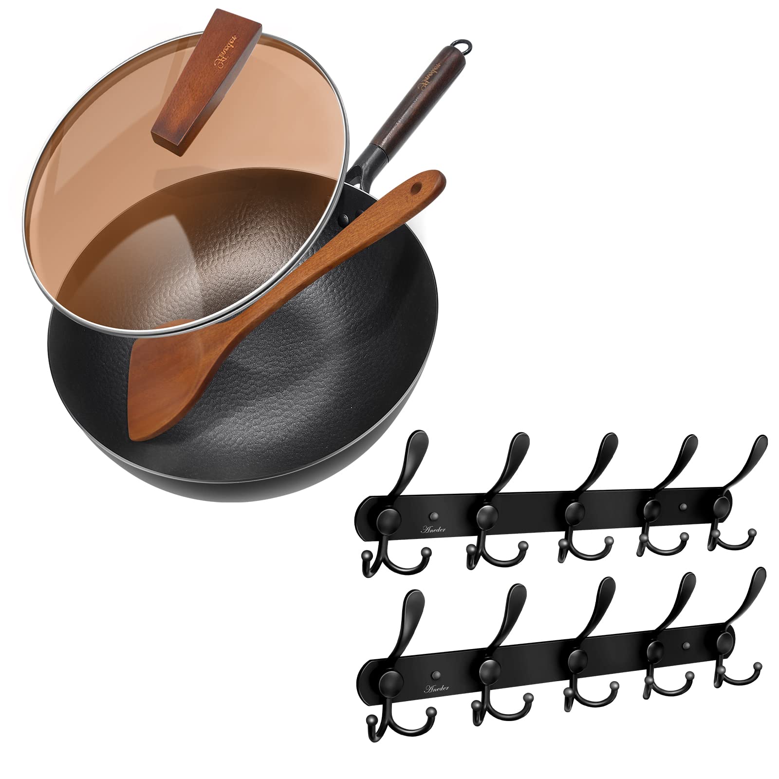 Premium Carbon Steel Wok with Glass Lid & Wooden Spatula - 14 Inch Chinese Stir Fry Pan for Professional Cooking | Perfect for Home Chefs & Asian Cuisine Lovers | Ideal for Stir-Frying, Deep Frying & Sautéing