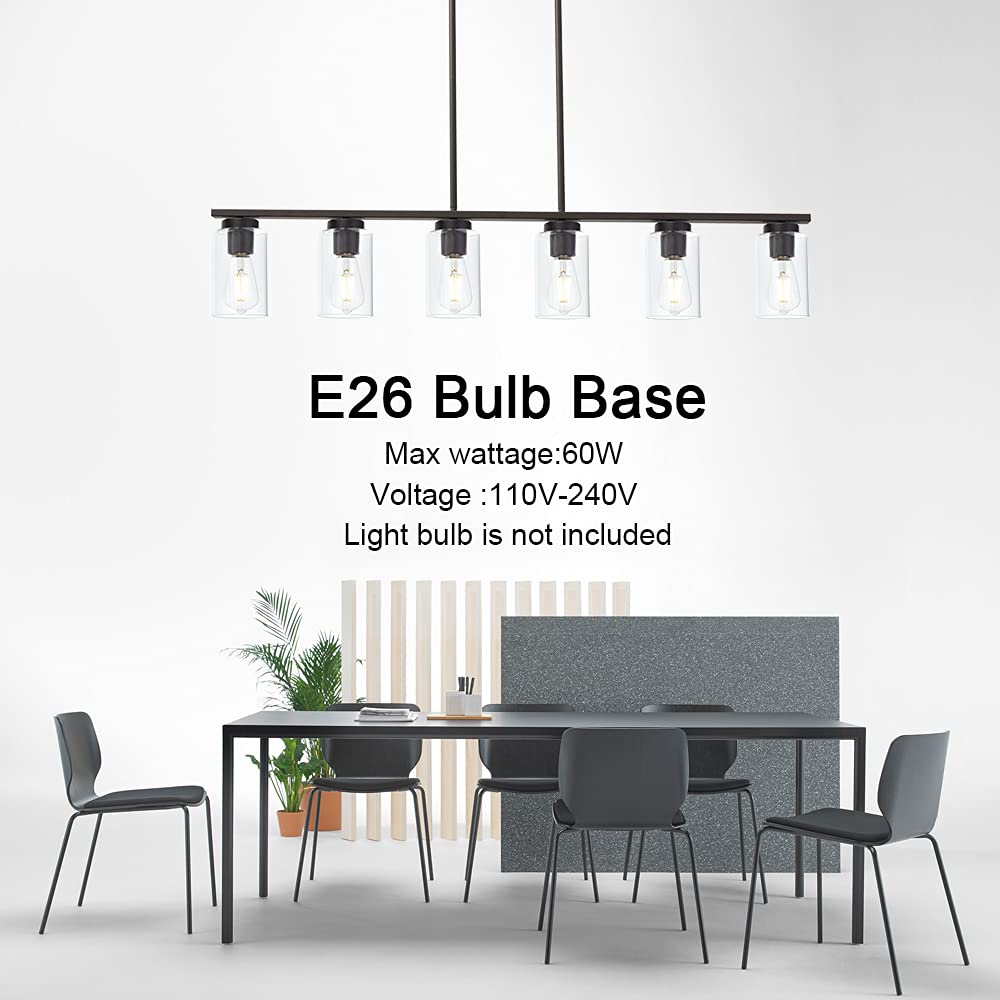 6-Light Farmhouse Pendant Lighting Fixture - Clear Glass Kitchen Island Chandelier in Oil Rubbed Bronze for Dining Room, Cafe & Bar | Perfect for Modern Farmhouse, Industrial & Rustic Home Decor