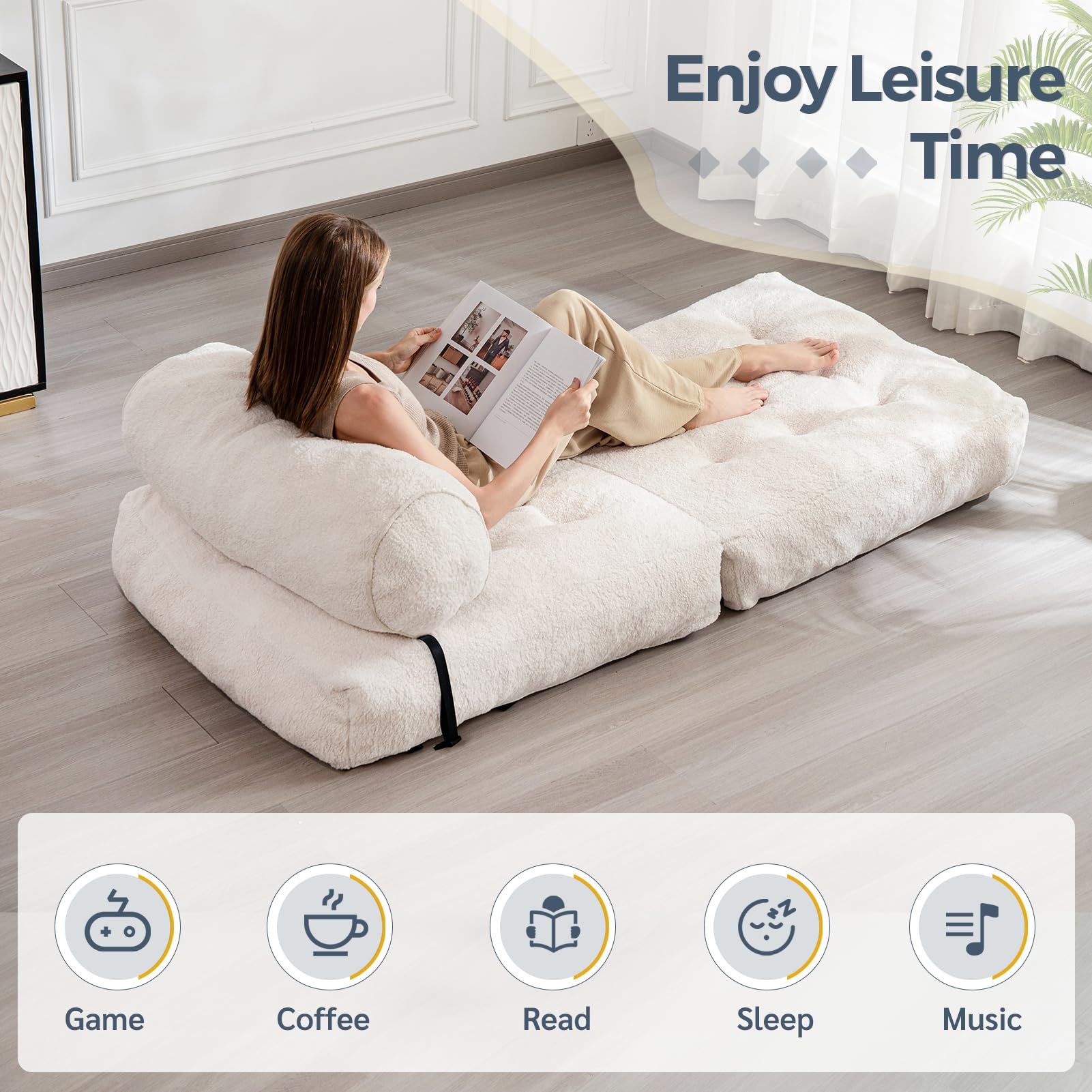 MAXYOYO Folding Sofa Bed - Convertible Boucle Sleeper Chair with Removable Bolster Pillow, Multi-Functional Floor Sofa Lounge for Small Space (Beige) | Perfect for Living Room, Bedroom, Guest Room & Studio Apartment