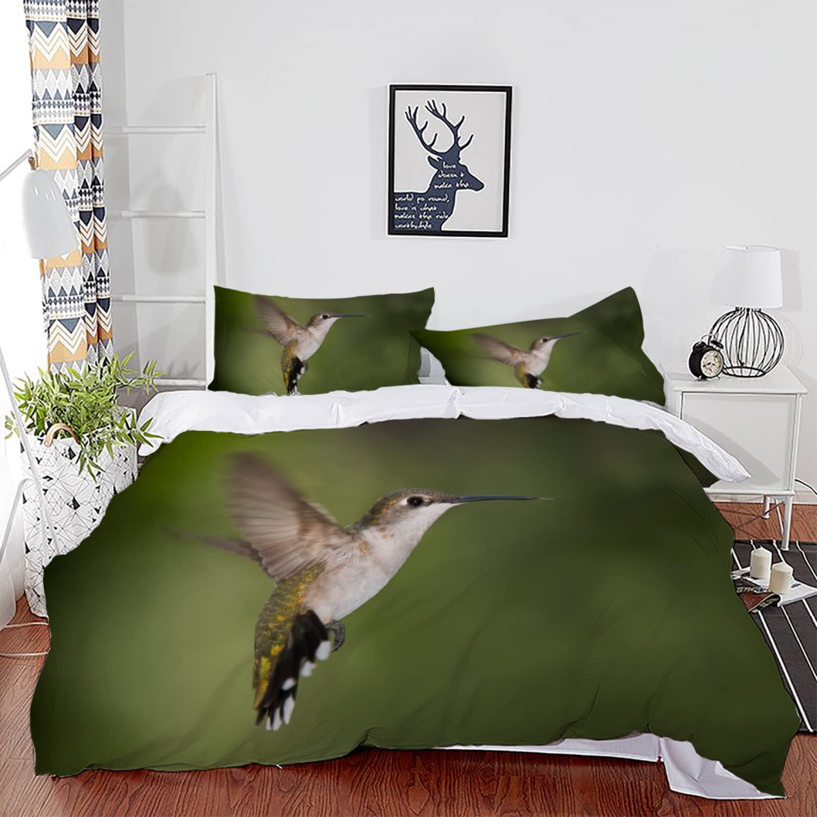 Premium Twin Comforter Set - Dark Green Hummingbird Pattern 68