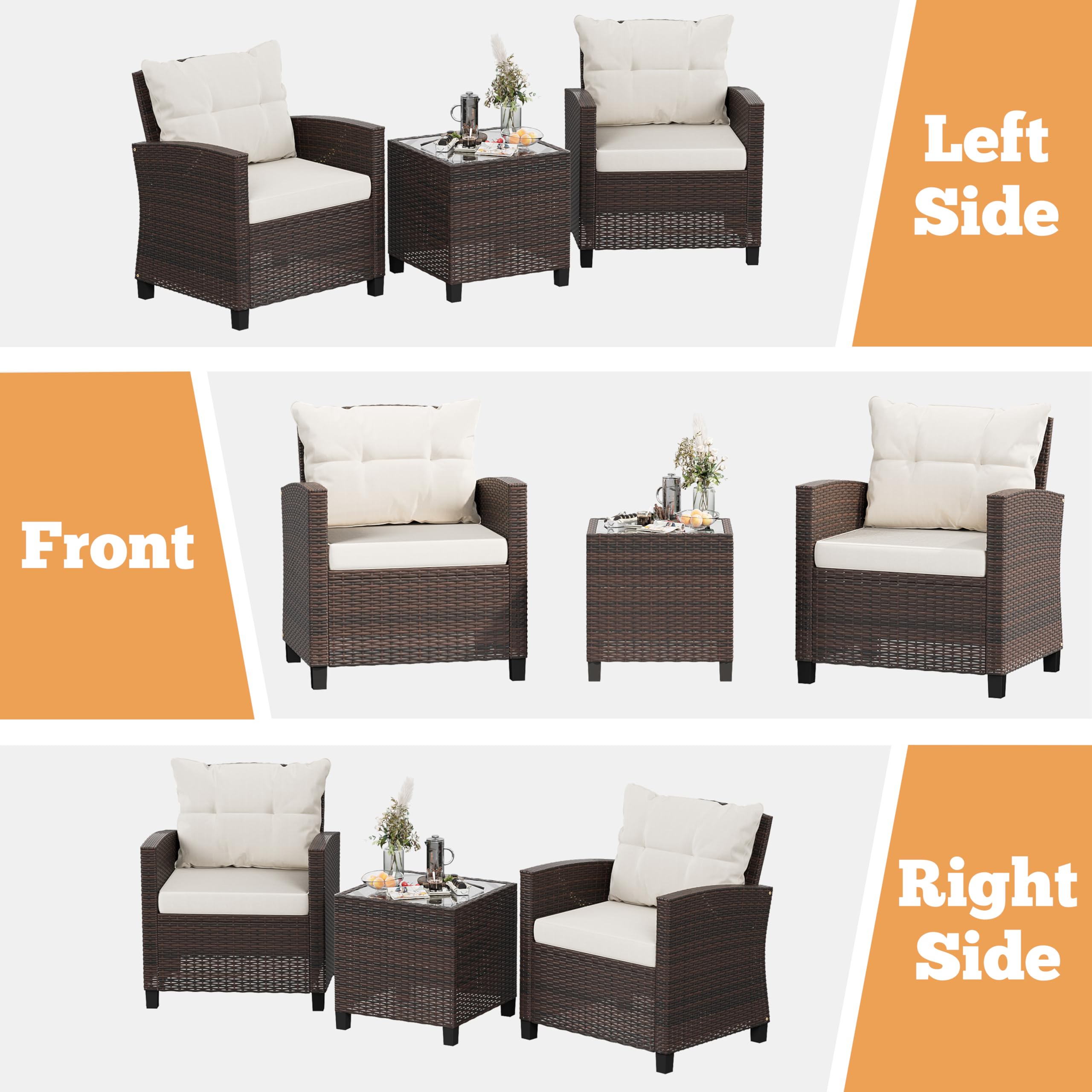 Shintenchi 3-Piece Patio Furniture Set - PE Rattan Wicker Chairs with Table, Outdoor Dining Set for Backyard, Garden, Poolside - Brown Rattan with White Cushions | Perfect for Outdoor Entertaining, Relaxation & Al Fresco Dining