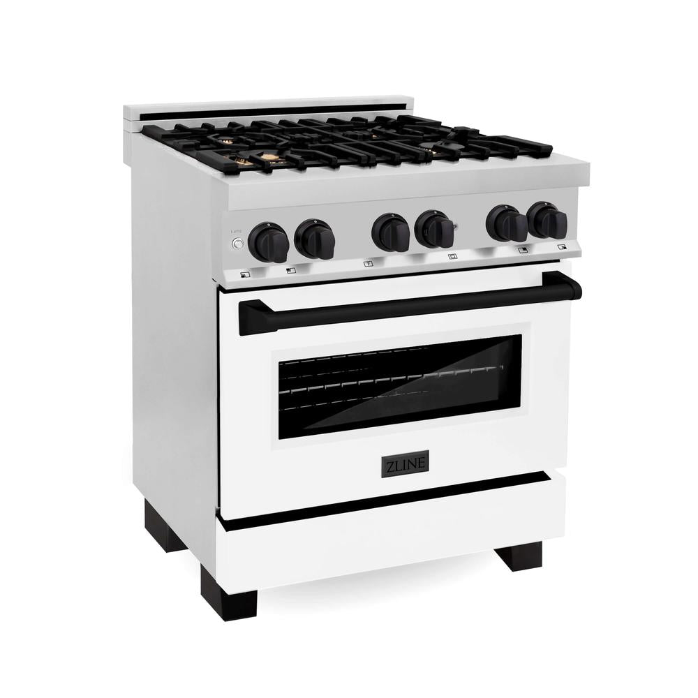 ZLINE Autograph Edition 30-inch Stainless Steel Dual Fuel Range with White Matte Door, Range Hood & Dishwasher - Matte Black Accents | Professional Kitchen Package for Home Chefs & Modern Kitchens (3AKP RAWMRHDWM30 MB)