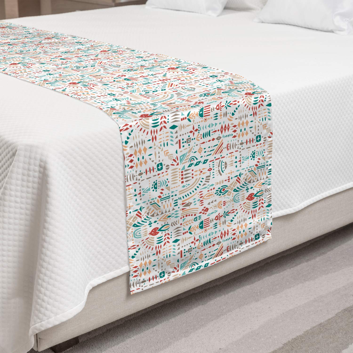 Ambesonne Tribal Bed Runner - Prehistoric Style Artwork with Continuous Medley Inspired Ornaments | Decorative Accent Bedding Scarf for Queen Size Beds | Perfect for Hotels, Homes & Guestrooms | Multicolor Bohemian Home Decor