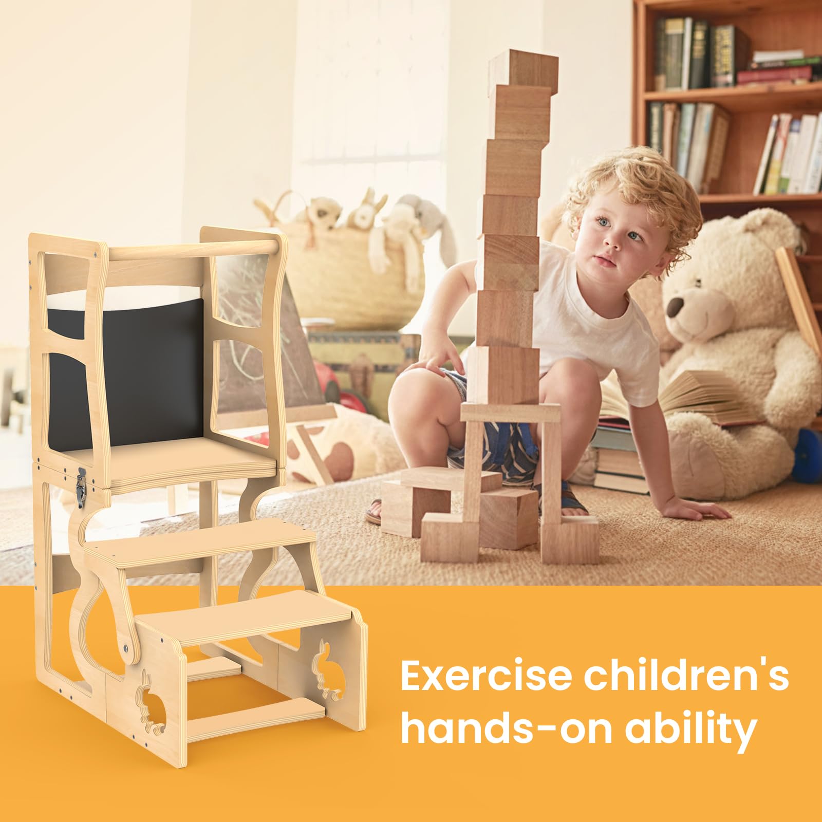 Foldable Toddler Tower & Kitchen Stool Helper - Safe Learning Wooden Step Stool for Kids, Weaning Table for Bathroom & Kitchen Counter - Perfect for Cooking, Baking & Bath Time