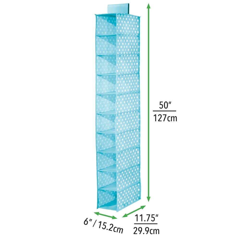 mDesign 10-Shelf Fabric Closet Organizer for Kids Room & Nursery - Soft Hanging Storage with Polka Dot Print, 2-Pack (Turquoise Blue & White Dots) - Perfect for Baby Clothes, Toys & Accessories Organization
