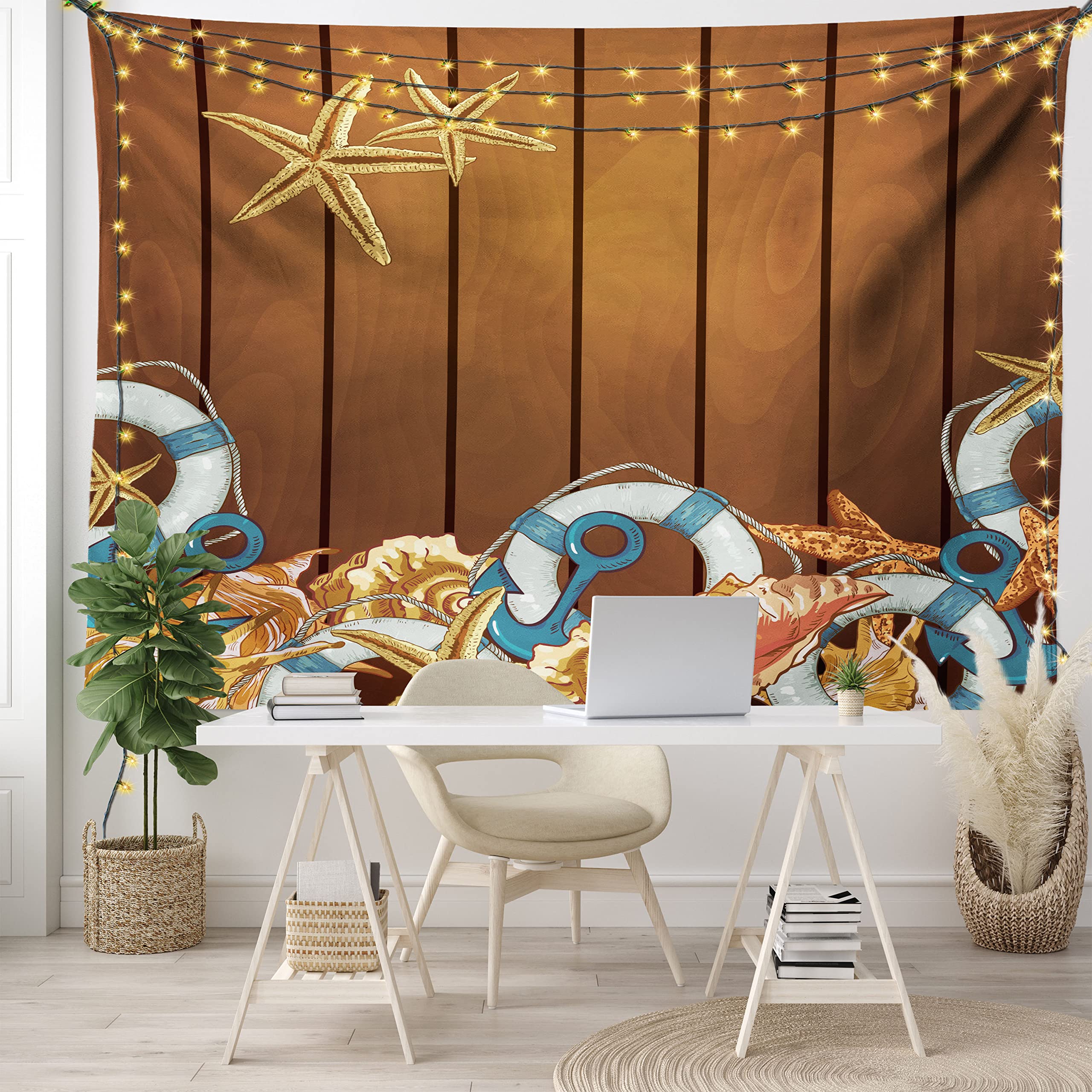 Ambesonne Seashells Tapestry Queen Size - Nautical Wall Hanging with Anchors & Starfish on Wooden Backdrop, Blue White Brown Sea Theme Bedspread - Perfect for Beach House Decor, Bedroom Wall Art, or Coastal Living Room Design