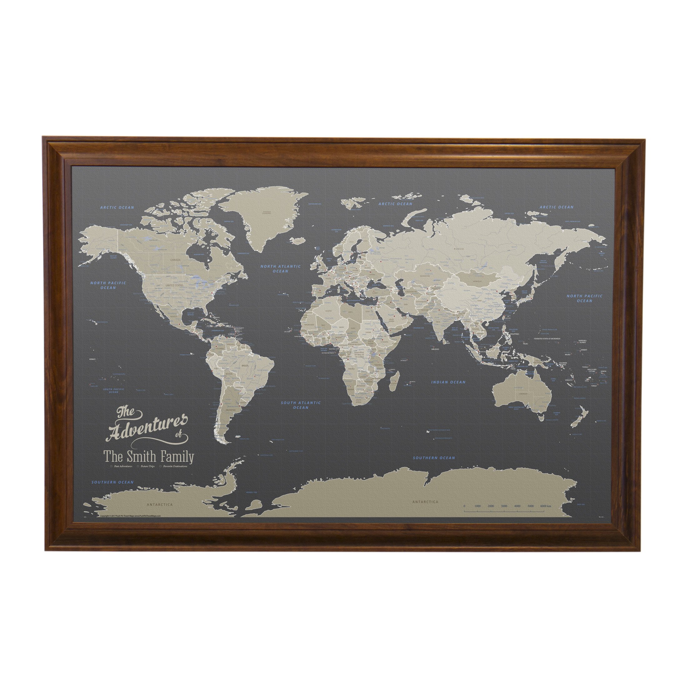 Personalized Earth-Toned World Push Pin Travel Map with Brown Frame - Custom Travel Tracker for Adventure Enthusiasts & Home Decor