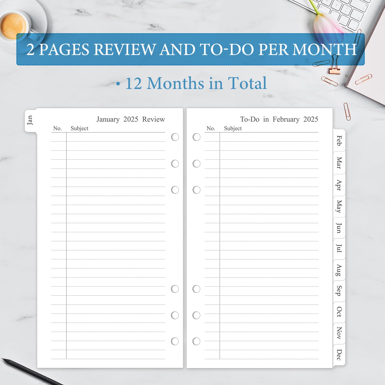 2025 Monthly Planner Refill - A6 6-Ring Binder Inserts with 12 Tabbed Calendars (3.8