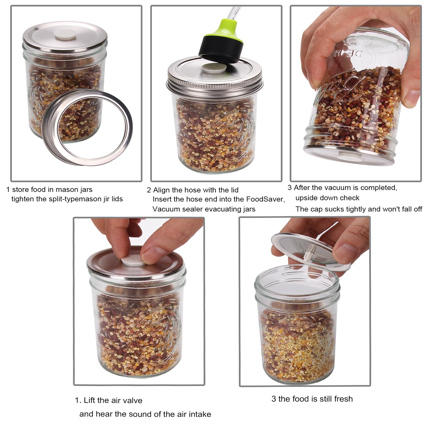 Stainless Steel Fermenting Lids 6-Pack with Accessory Hose - 86mm Vacuum Seal Caps Compatible with FoodSaver Vacuum Sealer | Perfect for Mason Jar Food Storage, Fermentation & Freshness Preservation | Ideal for Pickling, Canning & Meal Prep