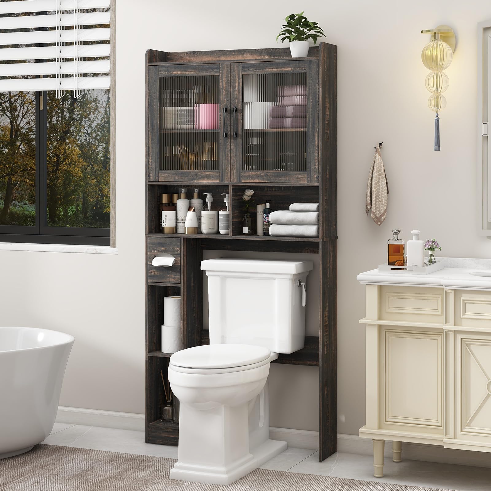 Farmhouse Style Over-The-Toilet Storage Cabinet with 2 Acrylic Wave Doors - Space Saving Bathroom Organizer for Toiletries, Towels & Laundry Supplies - Perfect for Small Bathrooms, Powder Rooms & Apartment Living