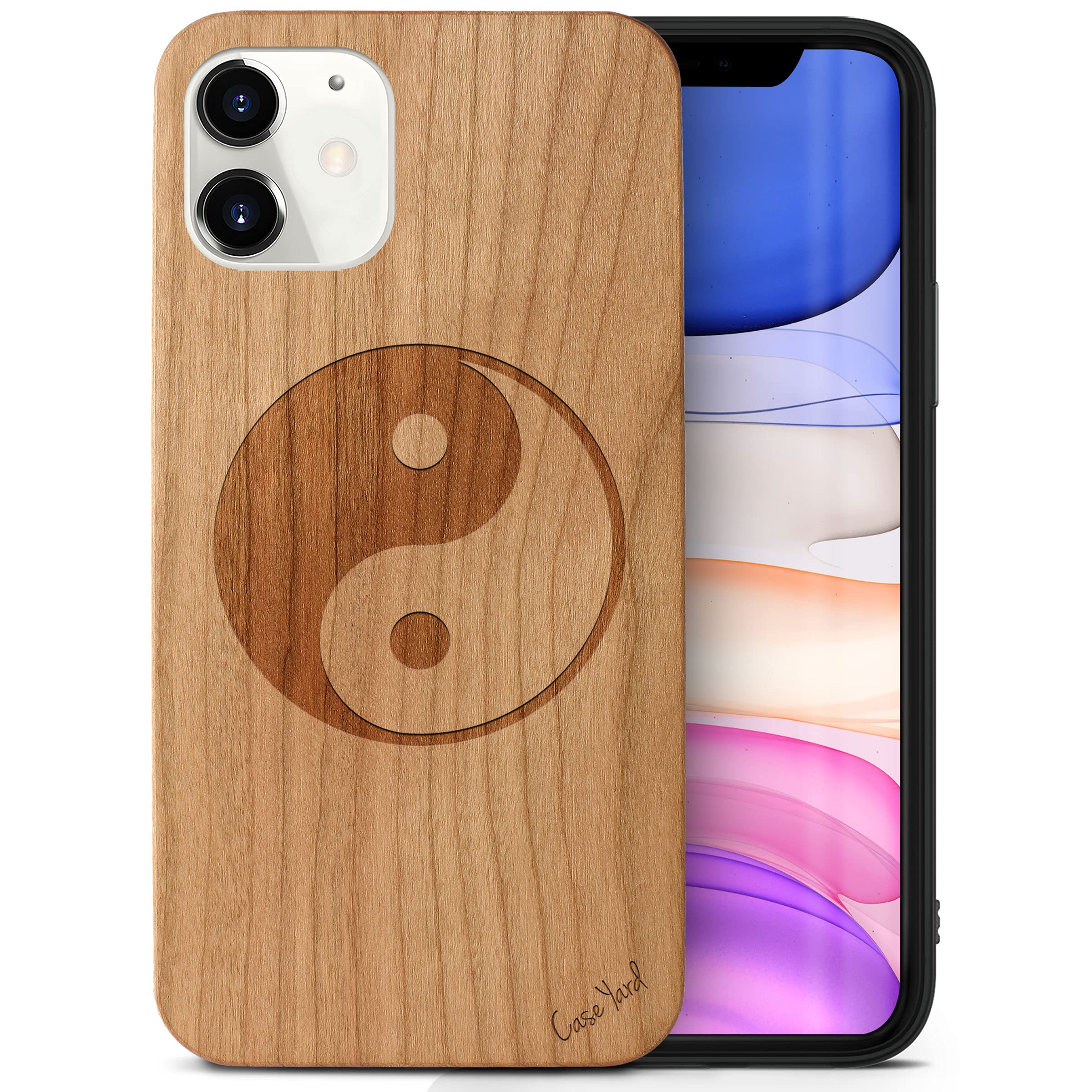 CaseYard Cherry Wood Phone Case for iPhone 11 - Laser Engraved Yin Yang Design | Slim Fit Shockproof Protective Cover for Men & Women | Perfect for Yoga, Meditation & Nature Lovers