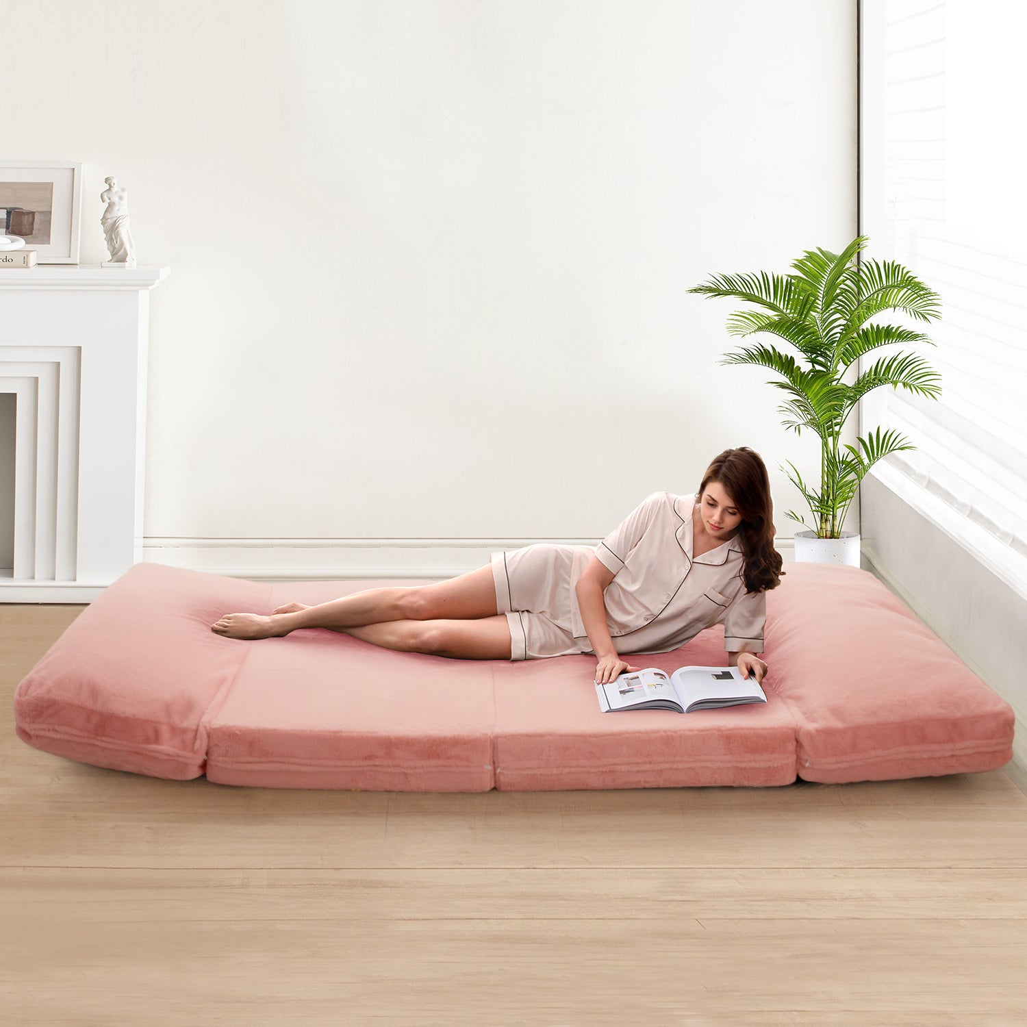 MAXYOYO Foldable Bean Bag Sofa Bed - Extra Thick Floor Mattress with Washable Faux Fur Cover (Pink) | Perfect for Living Room Lounging, Bedroom Relaxation & Guest Sleeping