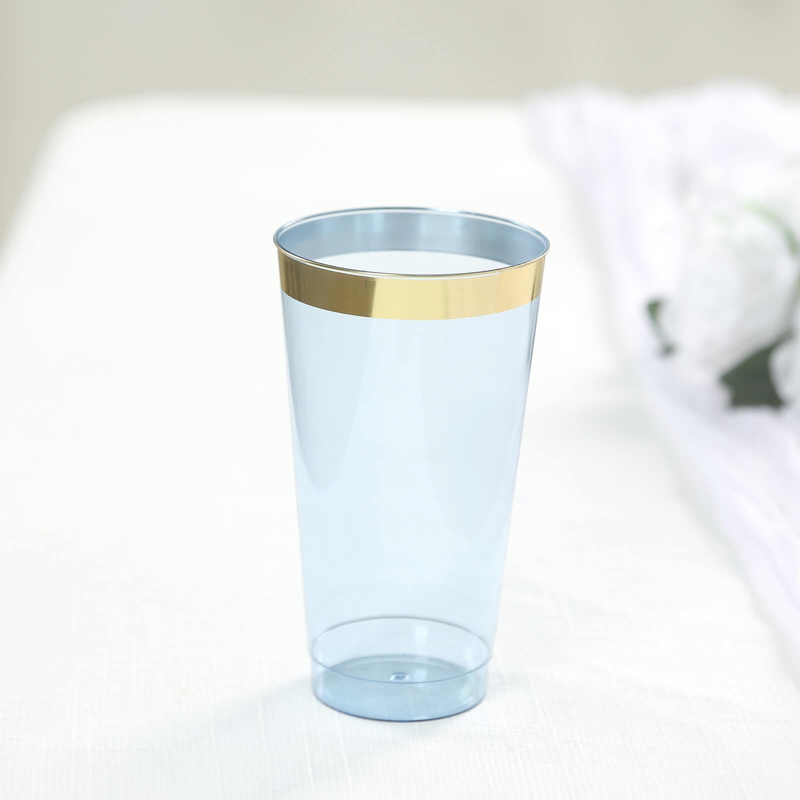 12 Pack 17oz Plastic Party Cups - Transparent Dusty Blue with Gold Rim, Durable Disposable Tumblers for Cocktails, Beer, Soda - Perfect for Weddings, BBQs & Birthday Parties