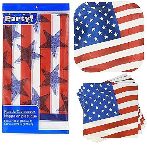 4th of July Party Supplies Set - Patriotic Paper Plates, Napkins & Plastic Tablecloth for 14 Guests | Stars & Stripes Themed Party Decorations | Perfect for Independence Day BBQs, Picnics & Celebrations