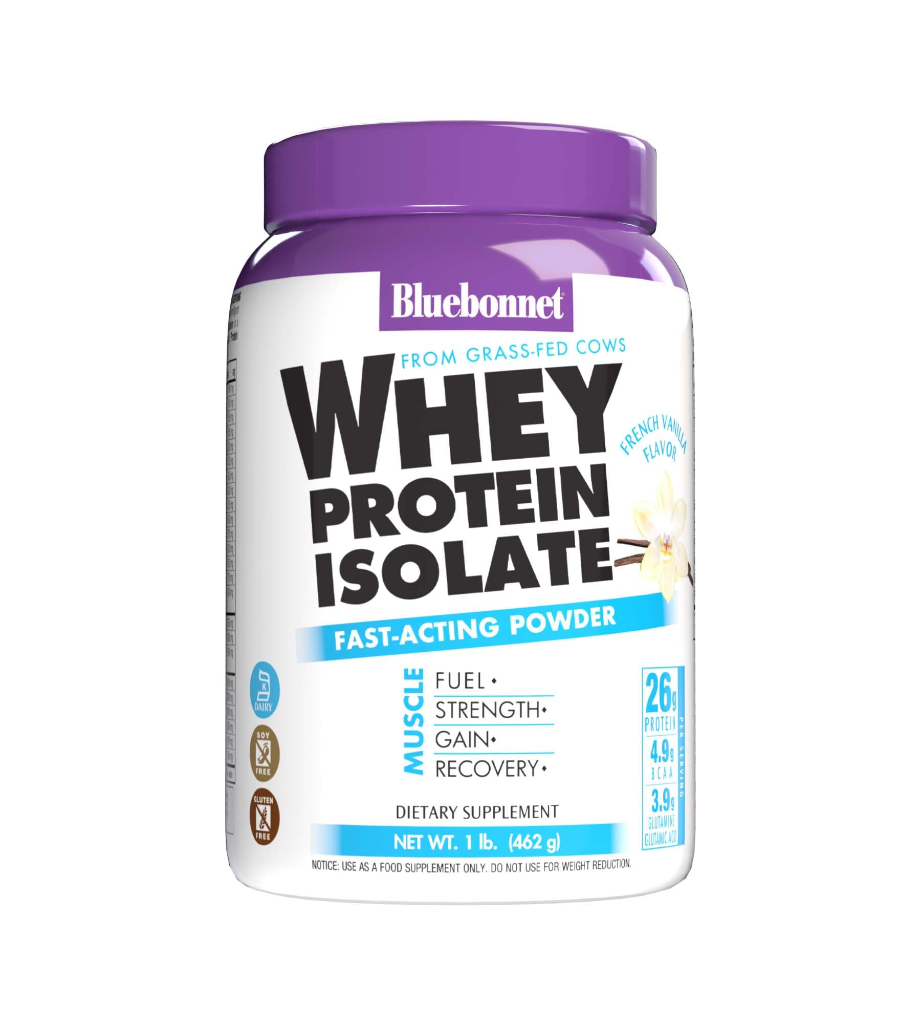 Bluebonnet Grass Fed Whey Protein Isolate Powder - 26g Protein, BCAA Amino Acids for Energy & Muscle Recovery - Gluten Free, Non-GMO, Soy Free Vanilla Flavor - 14 Servings for Men & Women - Perfect for Post-Workout, Weight Management & Healthy Lifestyle