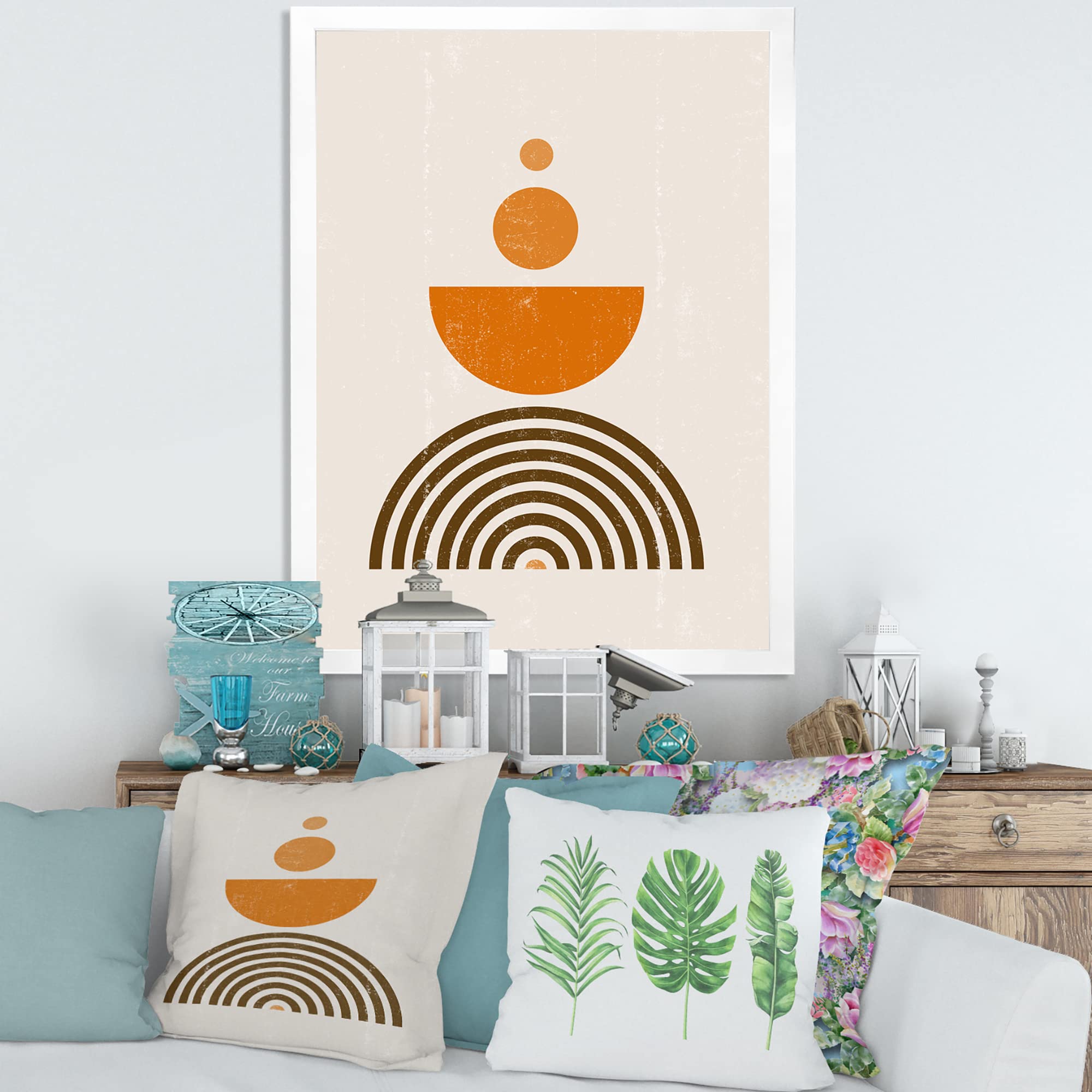 Abstract Rainbow Sun and Moon Wall Art - Earth Tone Modern Framed Canvas Painting for Living Room, Bedroom & Office Decor | Contemporary Home Wall Decor