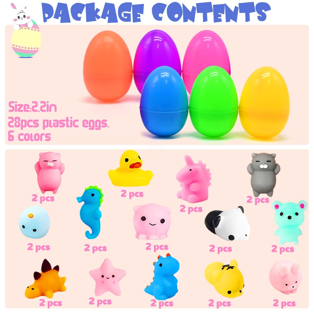 28Pcs Easter Eggs Filled with Mochi Squishy Toys - Mini Kawaii Animal Stress Relief Toys for Kids - Perfect for Easter Egg Hunts, Basket Stuffers, Classroom Gifts & Party Favors - Fun Sensory Play & Relaxation Toys for Children