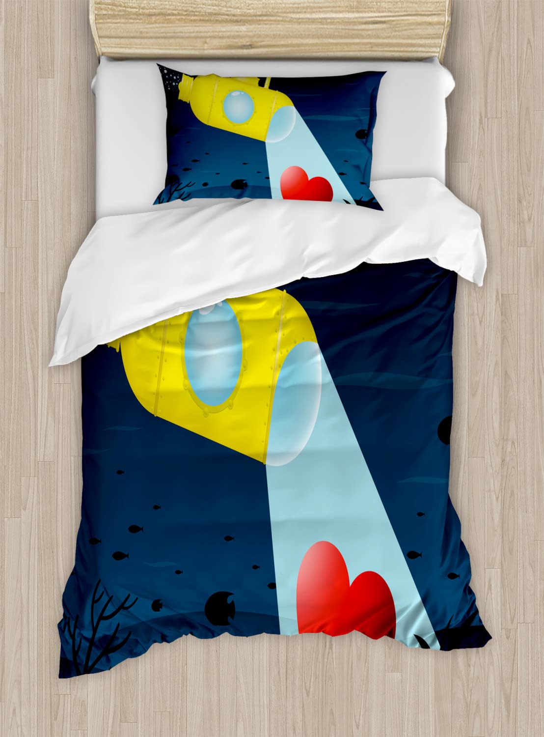 Ambesonne Yellow Submarine Duvet Cover Set - Underwater Submarine & Heart Romance Design, 2-Piece Queen Size Bedding Set with 4 Pillowcases, Yellow & Dark Blue | Perfect for Nautical Themed Bedrooms, Couples' Romantic Retreats & Beatles Fans