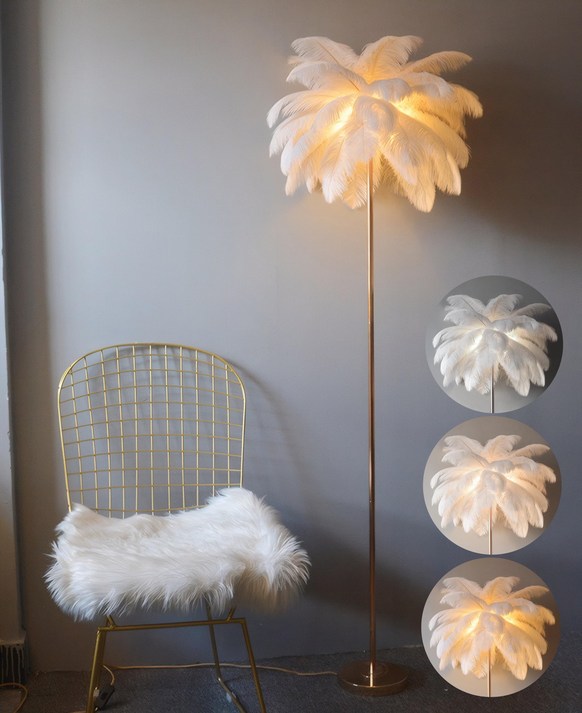 Natural White Ostrich Feather Floor Lamp - Modern Standing Light for Living Room & Bedroom Decor - Elegant Pink Girl's Room Lighting - Perfect for Cozy Reading Nook or Boho Chic Home Decor