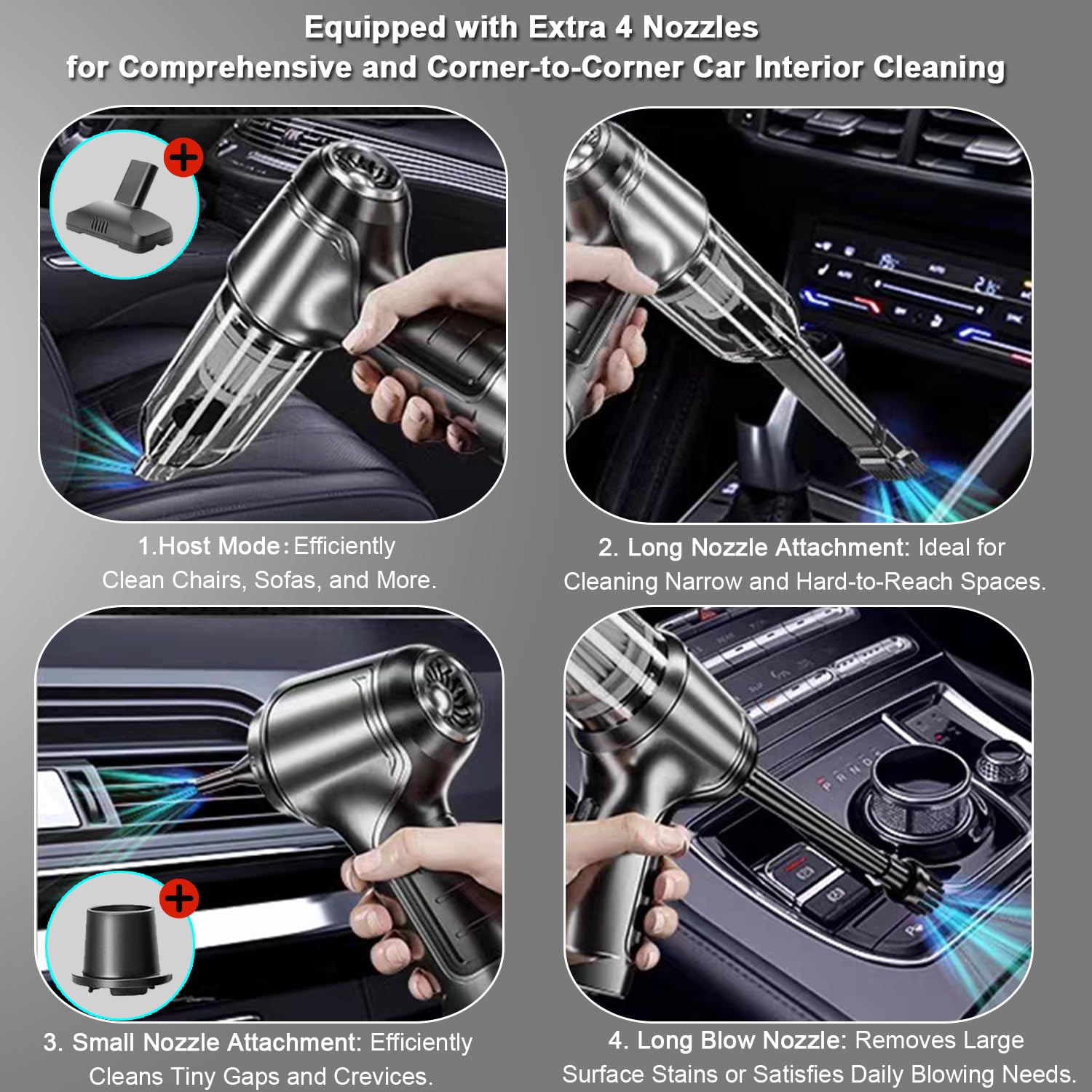 Wireless Portable Mini Car Vacuum Cleaner - 15000PA Powerful Handheld Cordless Vacuum with Brushless Motor, 3-in-1 Rechargeable Vacuum for Car, Home & Office Cleaning (Silver Grey Pro) | Perfect for Quick Car Detailing, Pet Hair Removal & Desktop Dust Cleaning
