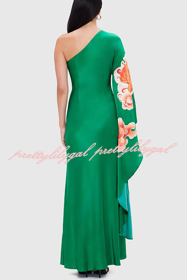 Elegant Satin Dragon Print One Shoulder Draped Sleeve Maxi Dress for Women | Formal Evening Gown, Prom, Wedding Guest Dress | Perfect for Parties, Date Nights & Special Occasions