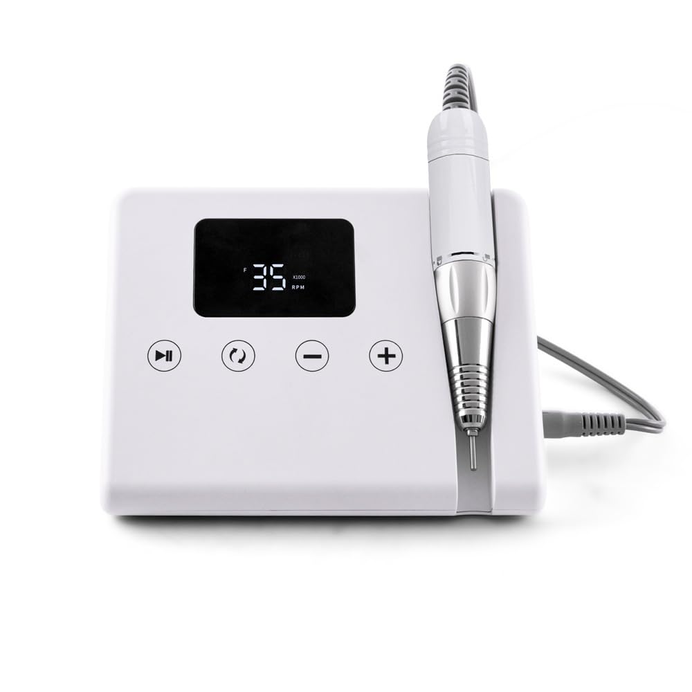Professional E-File Nail Drill Machine - 35000 RPM Portable Electric Nail Sander with Coreless Motor for Manicure & Pedicure | Desktop Use | White | Perfect for Home Salon, Nail Techs & DIY Nail Care